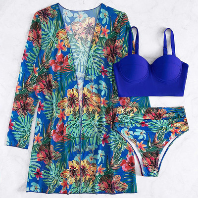 Riseado Bikini 3 piese cu costum de baie kimono Femei 2023 Costum de baie cu talie înaltă Costum de baie cu push-up îmbrăcat îmbrăcăminte de plajă cu imprimeu tropical