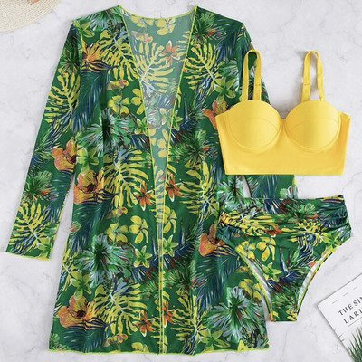 Riseado Bikini 3 piese cu costum de baie kimono Femei 2023 Costum de baie cu talie înaltă Costum de baie cu push-up îmbrăcat îmbrăcăminte de plajă cu imprimeu tropical