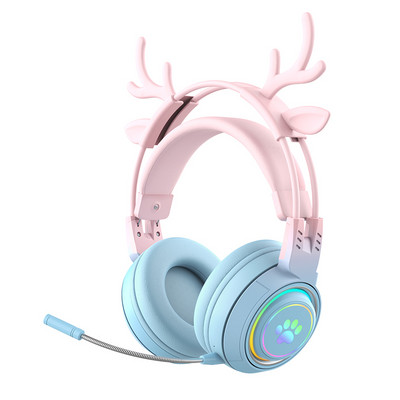 2023 Bluetooth слушалки Deer Ears Геймърска слушалка Геймър с микрофон за компютър с RGB светлина за приятелка