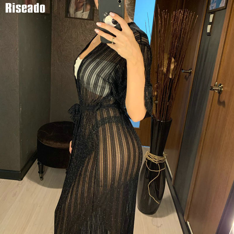 Riseado mrežasti kimono Ženski seksi bikini do pola rukava Prekrivena otvorena prednja tunika za plažu Prozirne ženske kupaće kostime Nova odjeća za plažu 2023.