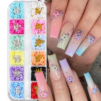 12 rács/doboz fém szegecs körömdíszítő szegecsek Mix Stílus Csillagok Hold Arany Ezüst Strassz Ékszerek Barkácsolás 3D Varázslatok Kiegészítők
