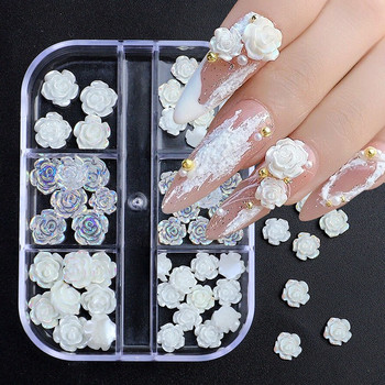 6 решетки 3D бели акрилни цветя Части за нокти Смесени стоманени мъниста Талисмани Дизайн Декорация за нокти Направи си сам Кристални бижута Аксесоари