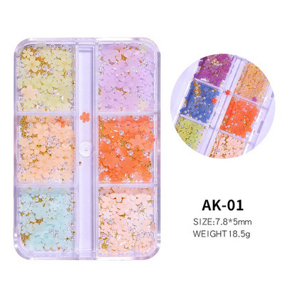 6 rešetki 3D bijeli akrilni cvjetni dijelovi za nokte Mješovite čelične perle privjesci Dizajn ukrasa za nokte DIY dodaci za kristalni nakit