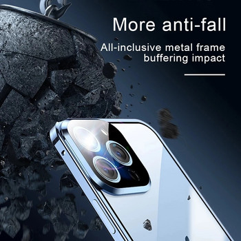 Пълна защита 360, метален, магнитен двустранен стъклен калъф със закопчалка за iPhone 14 13 12 11 Pro Max Plus Защитен капак на обектива