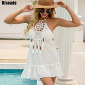 Riseado bijela haljina za plažu 2023 Pleteni kupaći kostim Halter Beach Cover Up Tunika za plažu s resicama bez leđa Boho odjeća za plažu Ljeto