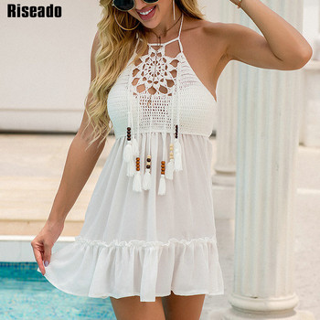 Riseado Λευκό φόρεμα παραλίας 2023 Πλεκτό μαγιό Halter Beach Cover Up Tassel Beach Tunic Backless Boho Beachwear Summer