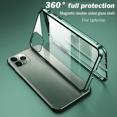 360 метален магнитен адсорбционен калъф за iPhone 14 13 12 11 Pro XS Max Двустранен стъклен калъф за iPhone 7 8 6 Plus X XR SE Cover