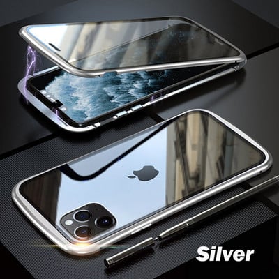360 метален магнитен адсорбционен калъф за iPhone 14 13 12 11 Pro XS Max Двустранен стъклен калъф за iPhone 7 8 6 Plus X XR SE Cover