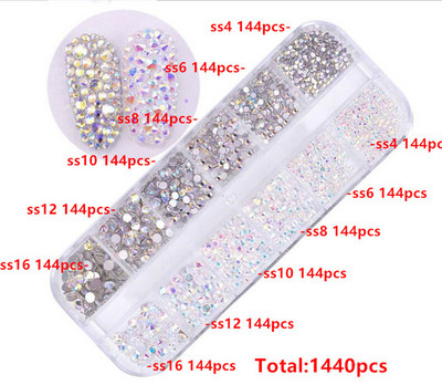 12 rešetki 120 komada različitih veličina boja stakleni kristal AB kamenčić prozirni ravni 3D svjetlucavi ukrasi za nokte sa kamenčićima