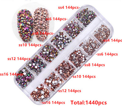 12 rešetki 120 komada različitih veličina boja stakleni kristal AB kamenčić prozirni ravni 3D svjetlucavi ukrasi za nokte sa kamenčićima