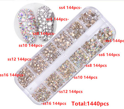 12 rešetki 120 komada različitih veličina boja stakleni kristal AB kamenčić prozirni ravni 3D svjetlucavi ukrasi za nokte sa kamenčićima