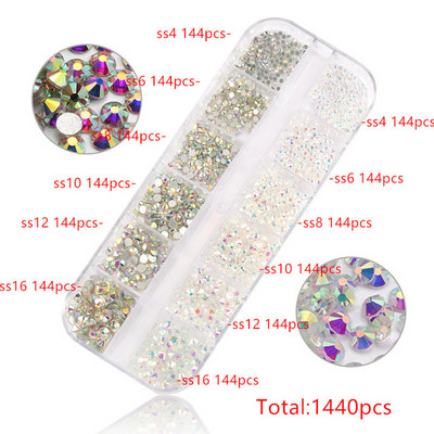 12 rešetki 120 komada različitih veličina boja stakleni kristal AB kamenčić prozirni ravni 3D svjetlucavi ukrasi za nokte sa kamenčićima