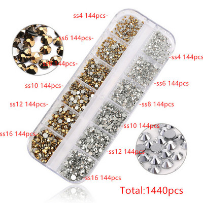 12 rešetki 120 komada različitih veličina boja stakleni kristal AB kamenčić prozirni ravni 3D svjetlucavi ukrasi za nokte sa kamenčićima