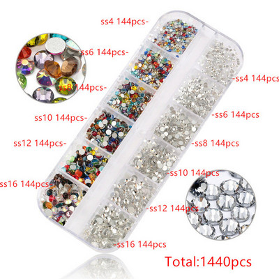 12 rešetki 120 komada različitih veličina boja stakleni kristal AB kamenčić prozirni ravni 3D svjetlucavi ukrasi za nokte sa kamenčićima