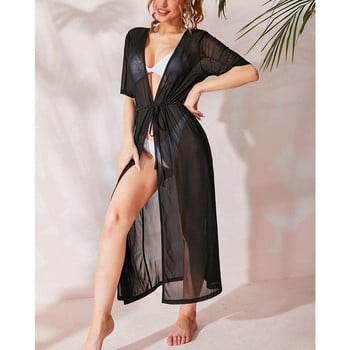 Riseado Black Sexy Beach Cover-up Μακρύ φόρεμα με διχτυωτό γυναικείο μαγιό παραλίας Διχτυωτό ρούχο παραλίας ζωσμένο τουνίκ με μισό μανίκι Pareo έξοδο μπάνιου