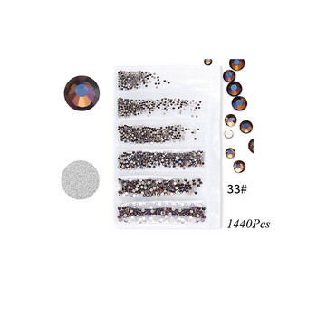 Нови 35 цвята SS3-SS10 1440Pcs Flatback Charm Glass Gems Diamonds Nail Crystals Nail Art Decoration