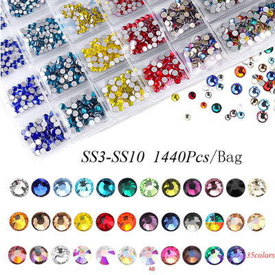 Нови 35 цвята SS3-SS10 1440Pcs Flatback Charm Glass Gems Diamonds Nail Crystals Nail Art Decoration