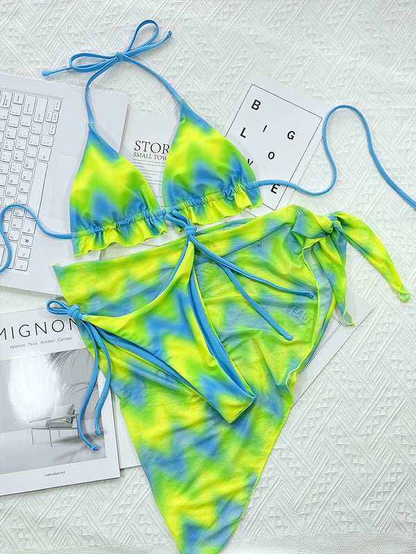 3 részes bikini szett szoknyanyakkendővel festett tanga kötőfék fürdőruha Női fürdőruha Női fürdőruha Strandruha Swim Lady Summer