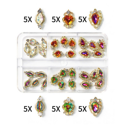 1 kutija Nail Art Rhinestones Kristalno staklo Drago kamenje 3D legura Srce Nail Decoration Mix Charms Nail Diamonds DIY za pribor za nokte