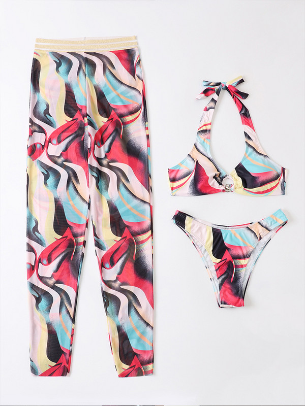 Spalvingo rašto trijų dalių kostiumas bikiniai Sexy High Waist kelnės maudymosi kostiumėlis moterims conjunto biquinis feminino trajes de baño mujer