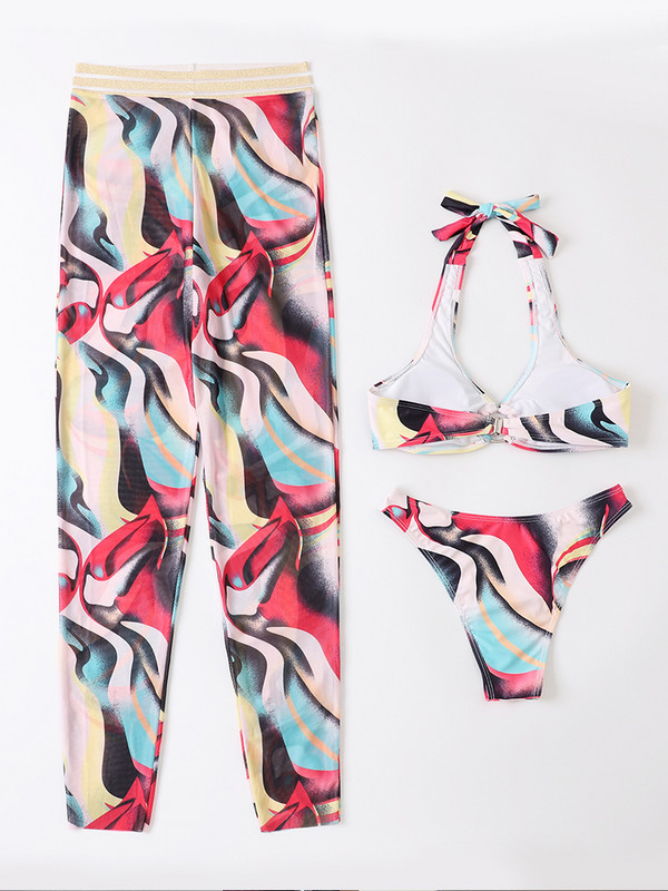 Spalvingo rašto trijų dalių kostiumas bikiniai Sexy High Waist kelnės maudymosi kostiumėlis moterims conjunto biquinis feminino trajes de baño mujer