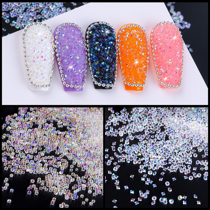 10-45g Csillogó Mikro Szellem Gyöngyök Apró Üveg Gyémántok Kaviár Nail Art strasszok Dekorációk Clear AB Ékszer Manikűr Bűbáj