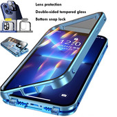 360 täieliku kaitsega metallist magnetiline kahepoolne klaasist lukuga ümbris iPhone 14 13 12 11 Pro Max Plus objektiivi kaitsekate