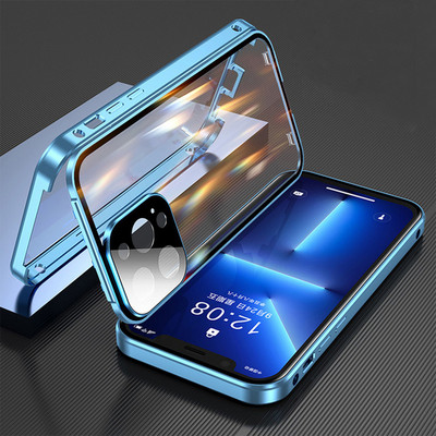 360 täieliku kaitsega metallist magnetiline kahepoolne klaasist lukuga ümbris iPhone 14 13 12 11 Pro Max Plus objektiivi kaitsekate