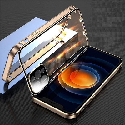360 täieliku kaitsega metallist magnetiline kahepoolne klaasist lukuga ümbris iPhone 14 13 12 11 Pro Max Plus objektiivi kaitsekate