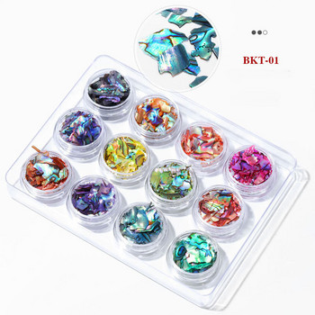 12 Кутия/Комплект Фрагмент от японски естествен камък от морска раковина Неправилен, променящ цвета си резен от охлюв Nail Art Paillette Magic Color Suit