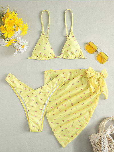 Push up bikini set sa žicom Seksi ženski kupaći kostim s printom Trodijelni kupaći kostim s mrežastom suknjom 2021. Visoki kupaći kostim Swimming Biquini