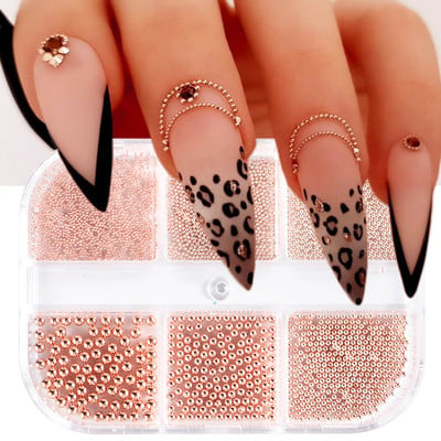 6 Rács Arany Mini Rozsdamentes Acél Fém Gyöngy 3D Sliver Rose Gold Kis Mikro Gyöngyök Kaviár Nail Art Dekorációs Kiegészítők TRYW36