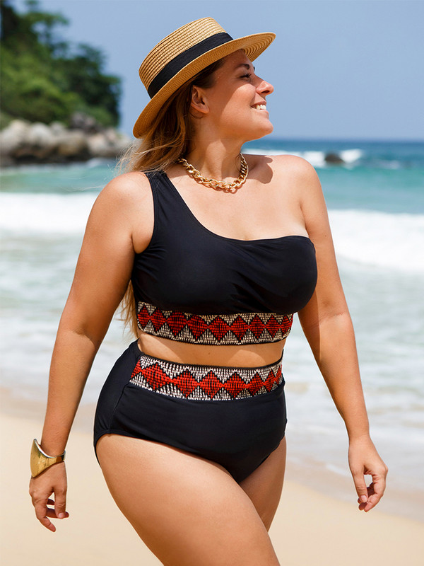 Szexi Egy váll Szilárd Szegélyes fürdőruha nagyméretű fürdőruha push up bikini szett Magas derekú női fürdőruha Úszó Biquini