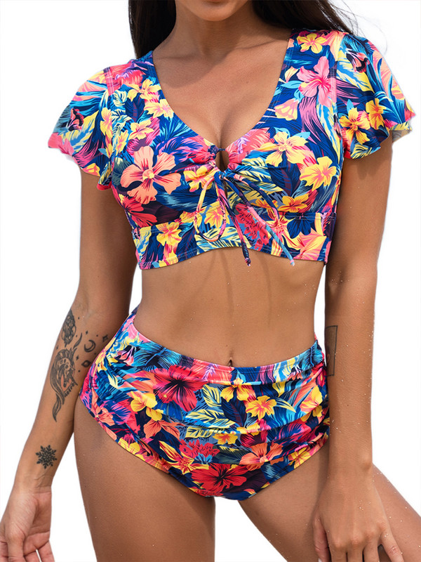 Bikini cu talie înaltă Costum de baie pentru femei, 2022, nou cu imprimeu floral, cu volane, set de biquini, costum de baie pentru femei, îmbrăcăminte de plajă sexy push up