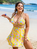 Virágmintás, nagyméretű, szoknyás bikinik, női fürdőruhák, kötőfékes fürdőruhák conjunto biquinis feminino trajes de baño mujer
