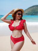 Visoki struk Veliki kupaći kostimi Ženski crveni komplet bikinija s volanima Seksi ženski kupaći kostim bez leđa Jednobojni Push Up kupaći kostimi Bikini