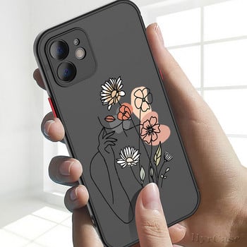 За iPhone 13 12 11 Pro Max Mini XS X XR 7 8 Plus Калъф Minimal Line Art Woman With Flower Soft Bumper Matte Hard Back Cover