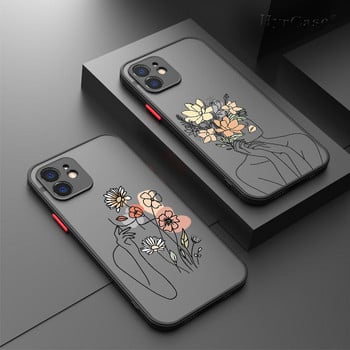 За iPhone 13 12 11 Pro Max Mini XS X XR 7 8 Plus Калъф Minimal Line Art Woman With Flower Soft Bumper Matte Hard Back Cover