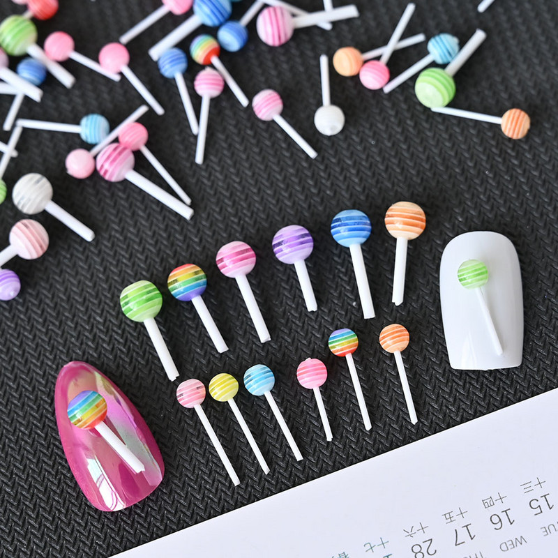 20/50 tk Sweet Lollipop Nail Art Dekoratsioonivaik Korea Lovely Candy Charms Segavärvilised Suvised Mini Lolly Bonbon Maniküüri osad