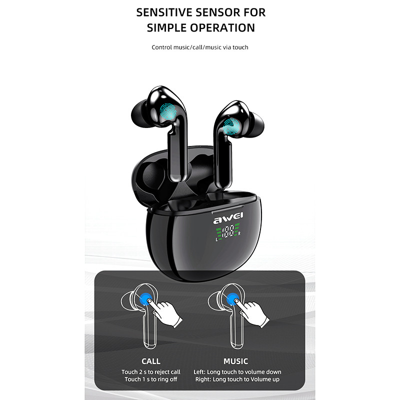 AWEI T15P TWS Bluetooth 5.0 In Ear Slušalice Touch Sport HIFI Music Stereo Earbuds True Wireless with Power Display Futrola za punjenje