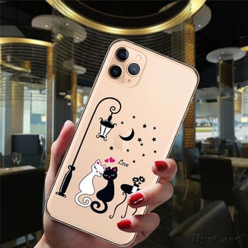 Калъф за iPhone 13 12 11 14 Pro Max Mini XS XR 14Plus Popular Love Laugh Life Cute Cat Fashion Прозрачен мек силиконов капак