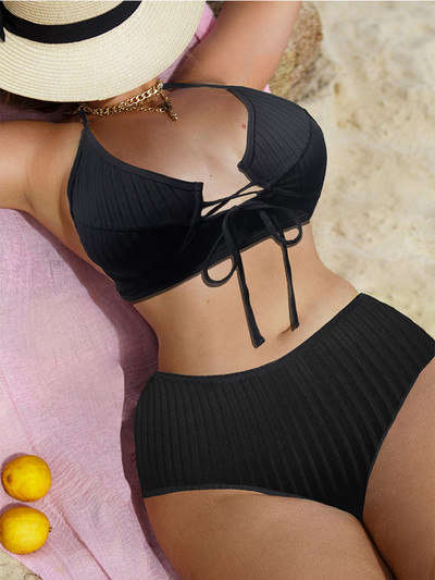 Tvirtas Didelio dydžio briaunotas Moteriškas maudymosi kostiumėlis aukštu juosmeniu 2023 metų moteris Push up tvarstis dviejų dalių maudymosi kostiumėlis moteriškas 3XL Oversized