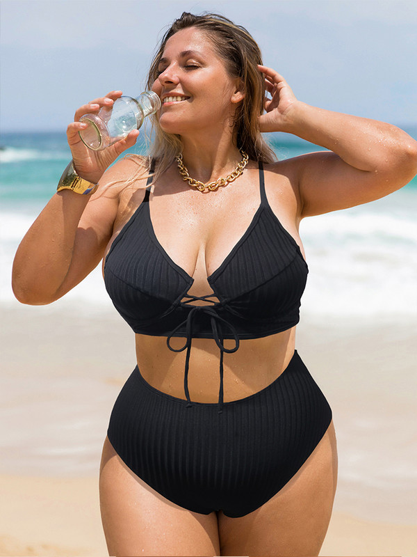 Tvirtas Didelio dydžio briaunotas Moteriškas maudymosi kostiumėlis aukštu juosmeniu 2023 metų moteris Push up tvarstis dviejų dalių maudymosi kostiumėlis moteriškas 3XL Oversized