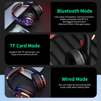 Bluetooth 5.0 слушалки, модни графити слушалки, безжични слушалки за телефон, компютър, лаптоп, поддръжка на кабелна TF FM с намаляване на шума