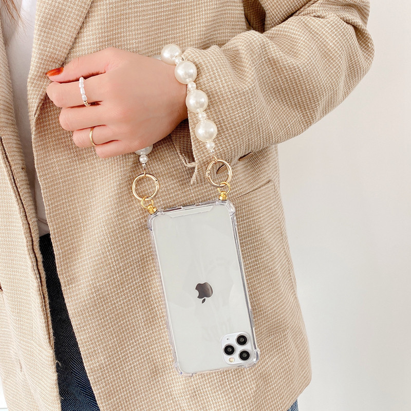 Θήκη τηλεφώνου Pearl Bracelet Chain Chain για iphone 14 13 12 11 Pro XS Max XR X 8 7 6S 6 Plus SE 2020 Διαφανές πίσω κάλυμμα αντικραδασμικό