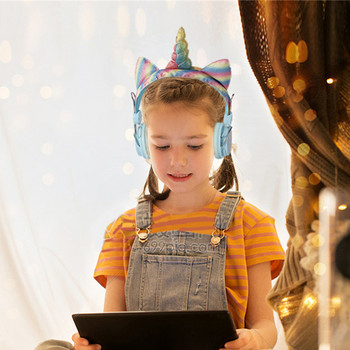Сладък еднорог Слушалки Котешки уши Детски слушалки с микрофон Музикални Стерео Bluetooth 5.0 слушалки за компютър Телефон Детски слушалки