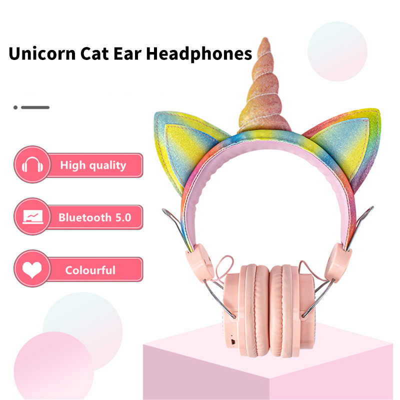 Slatke jednorog slušalice s mačjim ušima, dječje slušalice s mikrofonom, glazbene stereo Bluetooth 5.0 slušalice za PC, telefon, dječje slušalice