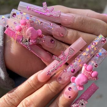 Луксозни розови талисмани за нокти с пистолет Kawaii Bunny Glitter Rhinestones Crystal Направи си сам бижута Маникюр 3D Аксесоари за декорация на нокти
