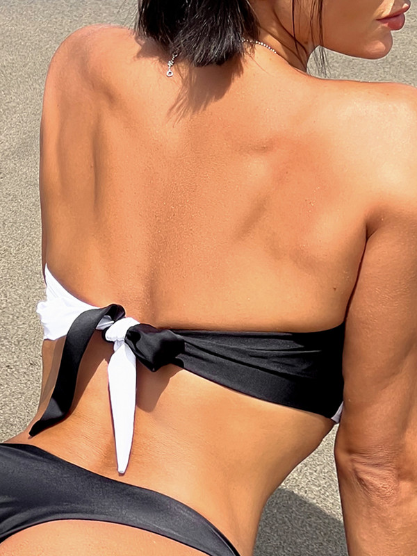 Fekete-fehér patchwork bandeau bikini szexi hálós Női fürdőruha kötés mikrobikini Alacsony derékú Push up női fürdőruha 2023