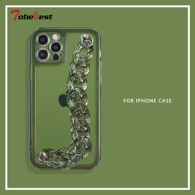 Emerald Clear Crystal Калъф с верижка за IPhone 13 12 11 Pro XS Max X XR 7 8 Plus Coque Мек силиконов капак